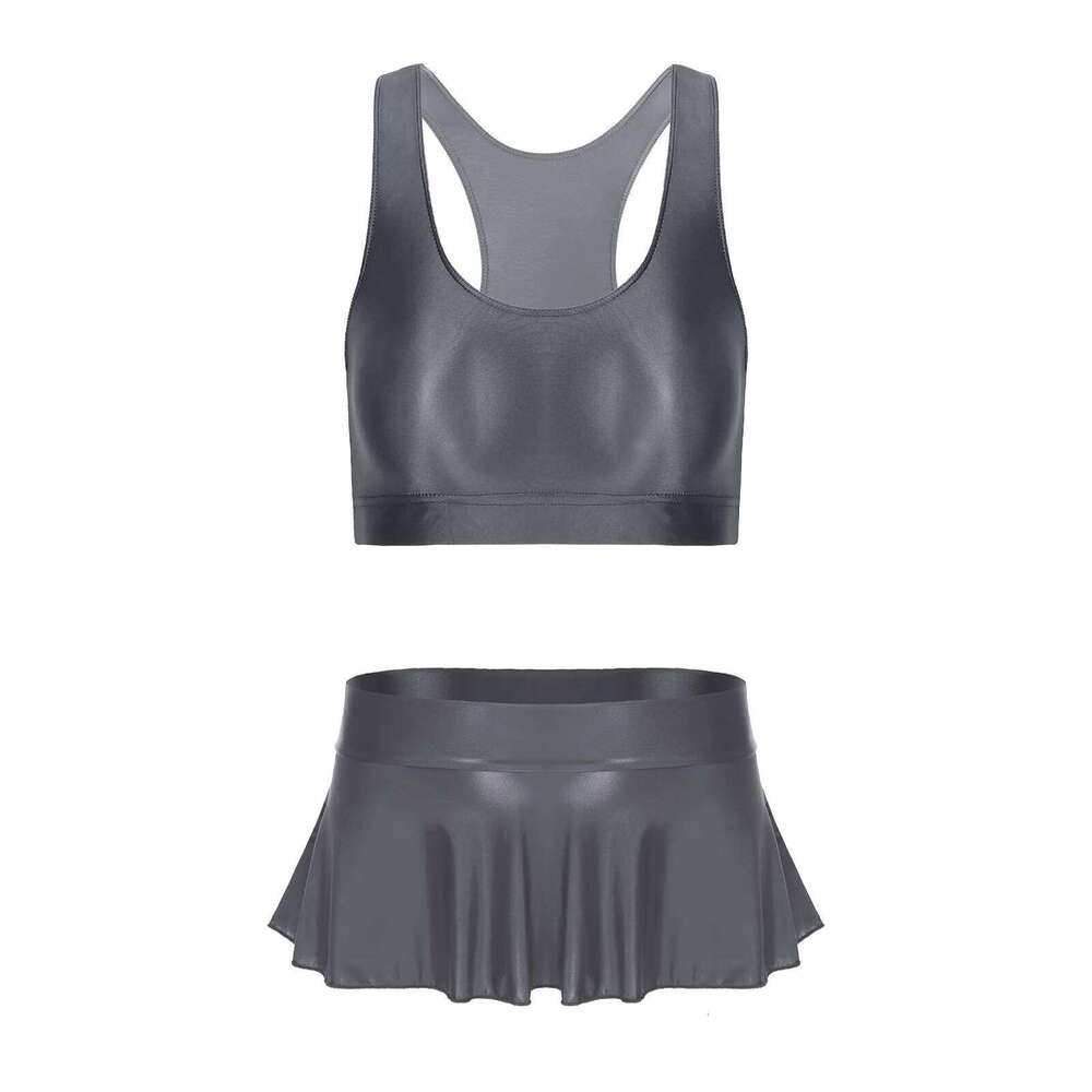 Womens Bikini Swimsuit Glossy U Neck Tank Tops Solid Color Swimwear Crop Top Vest Ruffled Skirt Miniskirt Gym Yoga Fitness XJ260206