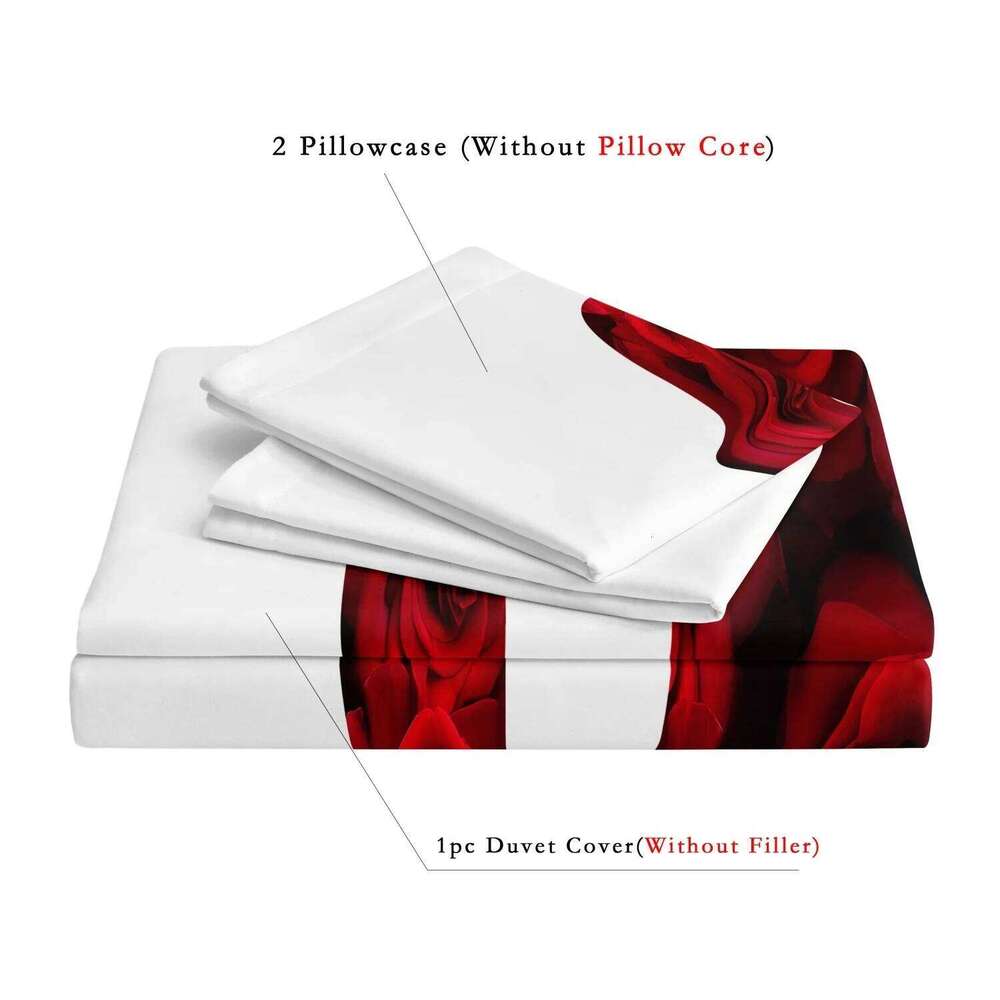 3pcs Red And White Heart Rose Lettering Print Bedding Set Romantic Design Soft Fabric Home Dormitory High-DefinitionDMQ181 XJ260206