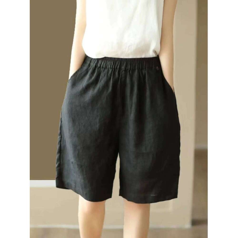 High Straight Cotton Linen ort Pants Women's Elastic Waist Slim A-Line Casual Mid-Thigh Thin Wide Leg orts XJ260206