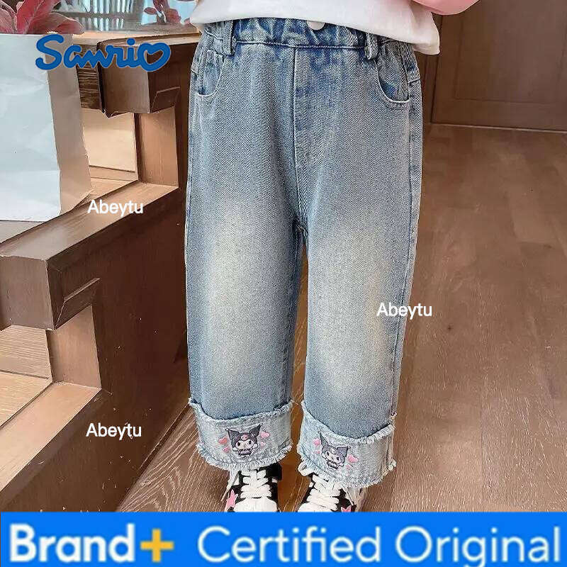 Sanrio Kuromi Girls Jeans Spring Autumn New Wear Outside Kawaii Cartoon Trousers Leisure Wide Leg Pants H260206