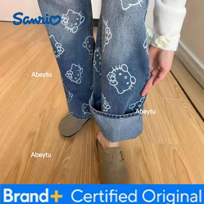 Sanrio Hello Kitty Y2K Quality Printed Jeans for Women Spring Summer Cute Cartoon Design High Waist Loose Sweet Pants Korean Style H260206