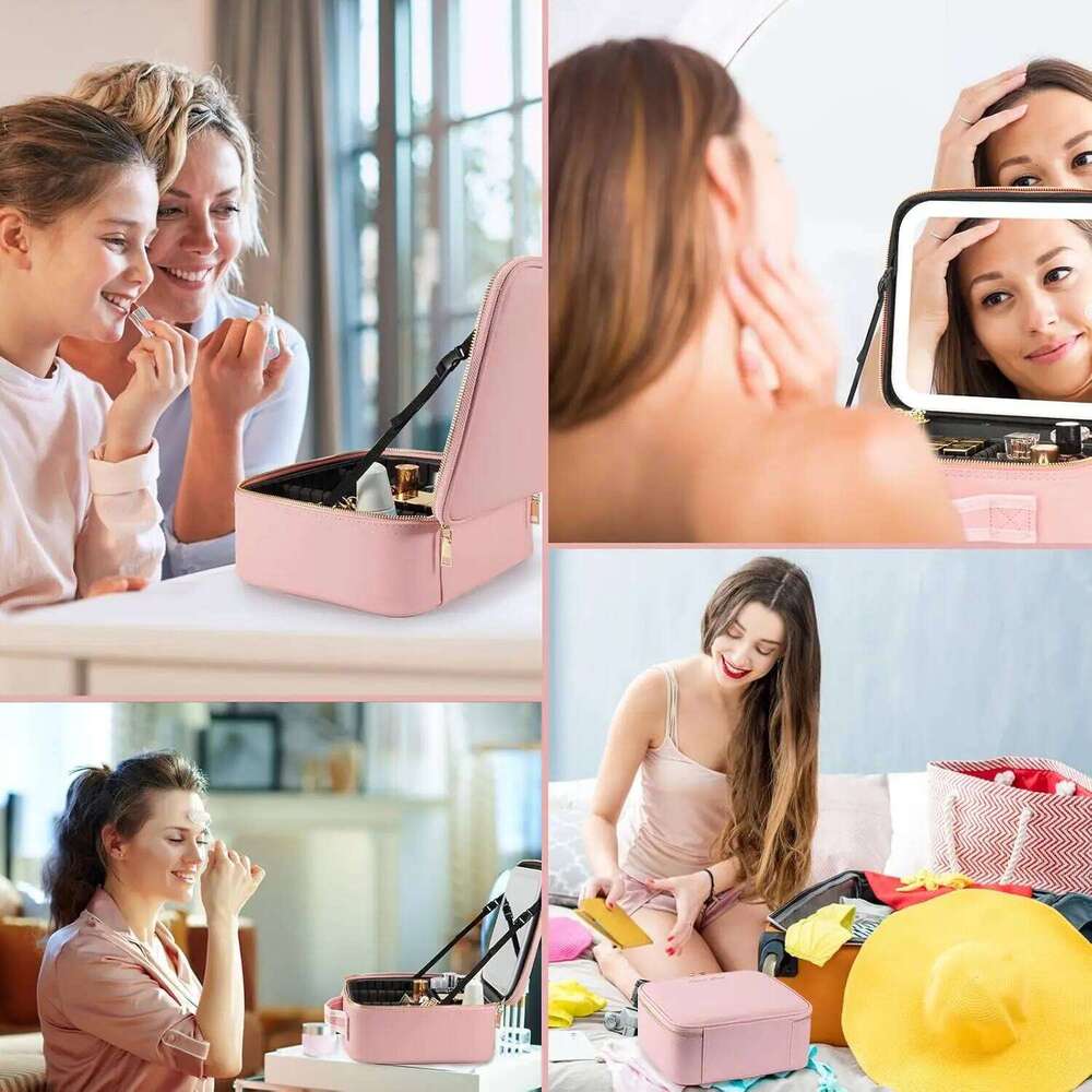 Makeup Bag LED Mirror Travel Large Train Case Cosmetic Organizer Make Up Bags with 3 Color Lights and Adjustable Dividers Y260206