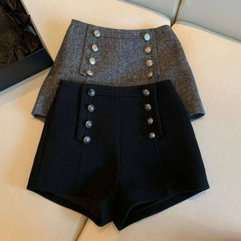 Women Clothing Korean Fashion Vintage High Waist Woolen Short Pants Autumn Winter Elegant Chic with Button Solid Slim Hot Shorts H260206