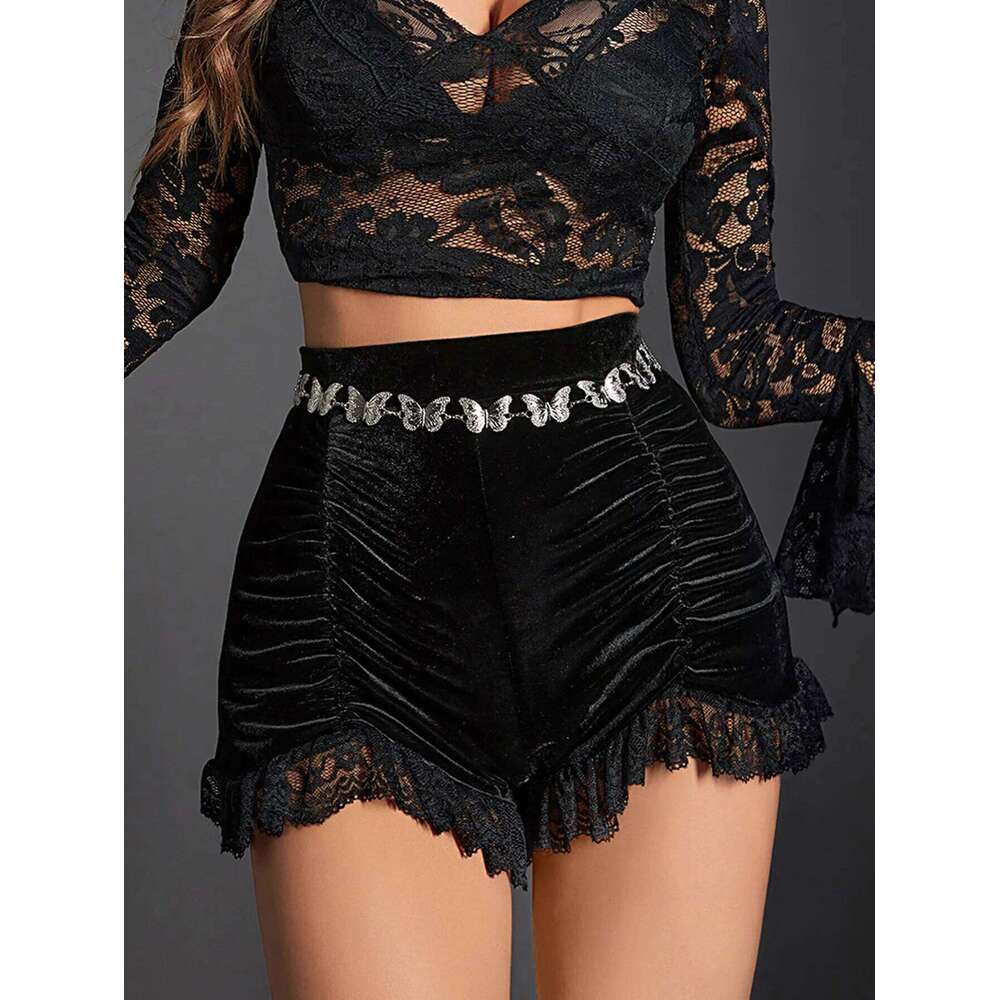 Gothic Velvet High Waist Ruched with Lace Trim Women's Fashion Shorts for Casual Wear Y2K Skinny Bottoms H260206