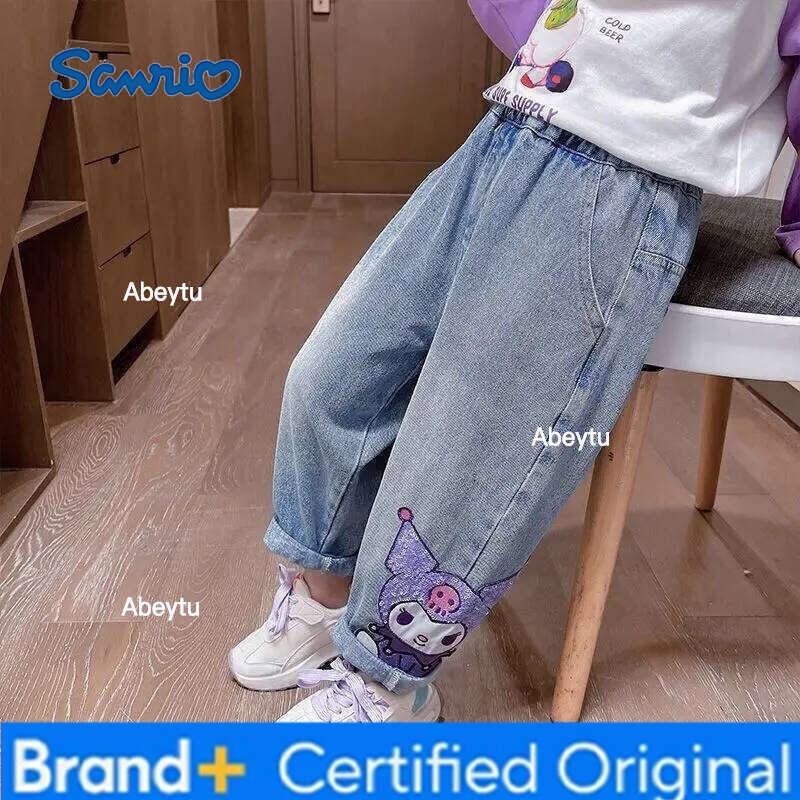 Sanrio Anime Girl Spring and Autumn Cartoon Cute Glitter Kuromi Fashion Baby Sweet Cool Soft Jeans Children's loose casual jeans H260206