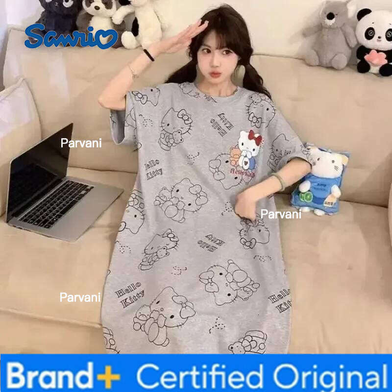 Sanrio Cartoon Hello Kitty Anime Pajama Dress Summer Imitation Cotton Sleep Skirt Comfortable Loose Home Outdoor Clothes Surprise Gifts H260206 - view 5