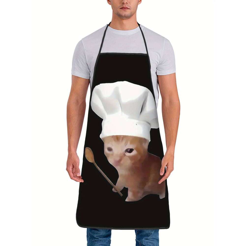 1 Piece Funny Cat - Kitchen Apron with Adorable Ginger-Brown Tiger-Cat Chef Hat, Perfect for Cooking, Baking S260205