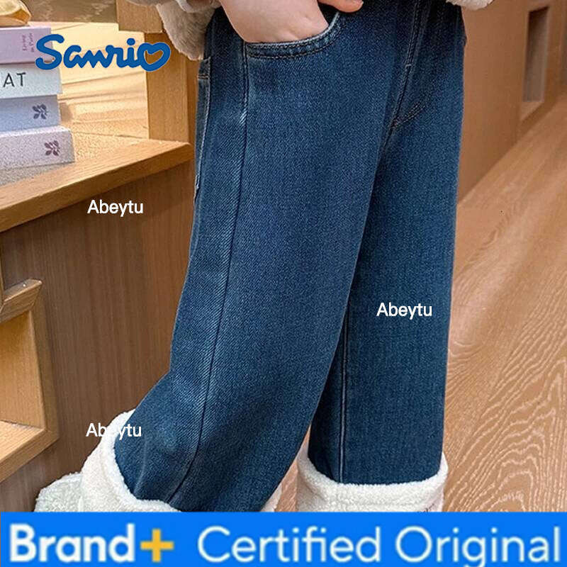 Sanrio Girls Jeans Velvet Autumn Winter New Leisure Trousers Loose Keep Warm Kawaii Cartoon Anime Thicken Straight Pants H260206