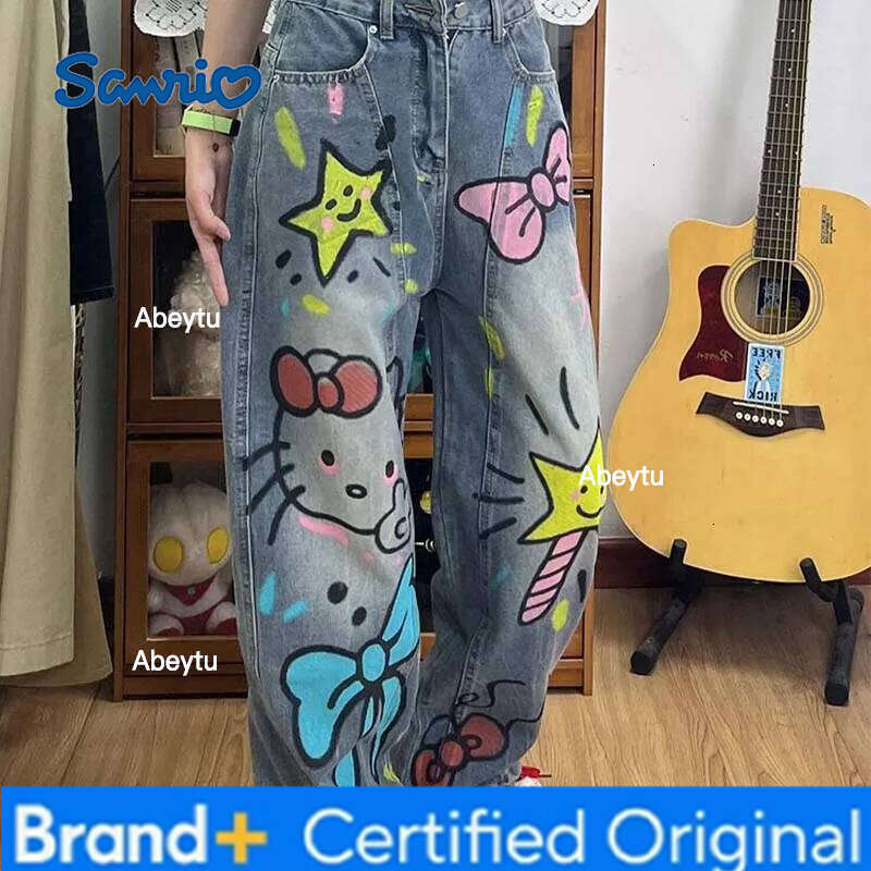 Sanrio American Vintage Hello Kittys Jeans Cartoon s Graffiti Wide Leg Pants Y2K Girls High Waisted Straight Trousers Streetwear H260206