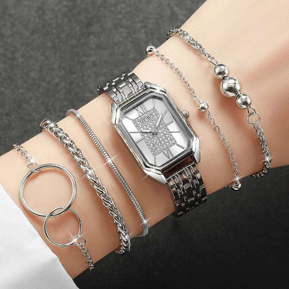 6PCS/Set Women's Watch Fashion Rectangle Dial Quartz Watches Silver Steel Band Ladies Wristwatches Bracelets Set Z260206