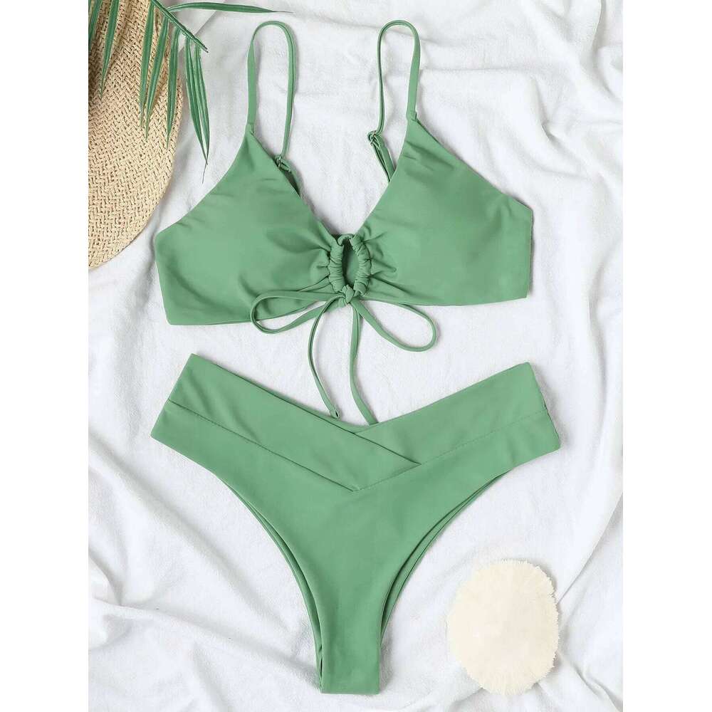 Solid Tie Sexy 2025 Hot Sale Padded Bra High Leg Bandage Push Up Bikini Set Brazilian Swimsuit Women Swimwear Z260206