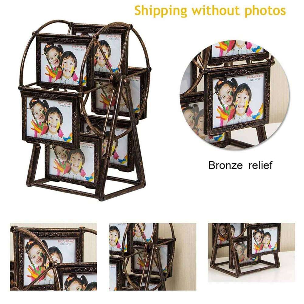 A96Q-Retro Vintage Rotating Wheel Picture Frame, Personalized Family Frame Shows for 12 Photo Home Decor A S260205