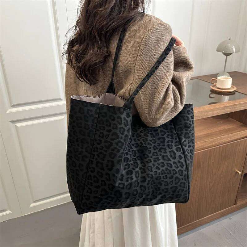Leopard Print Vintage Suede Top Handle Texture Simple Shoulder Bag Large Capacity Women Casual Tote Versatile Storage Bags Y260205