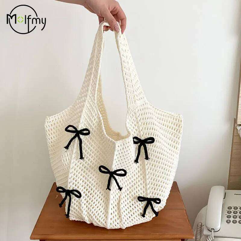 Knitted Bag Bow Vintage Knit High Quality Woven Handbag Large Capacity Daily Wear Shoulder Ladies Hand Bags 2025 Y260205