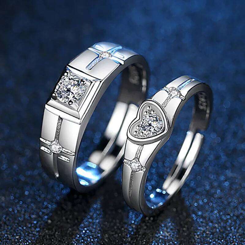 Simple Crystal Heart Couple Set Fashion Pair Opening Stainless Steel Wedding Rings Luxury Jewelry Gift Wholesale W260206