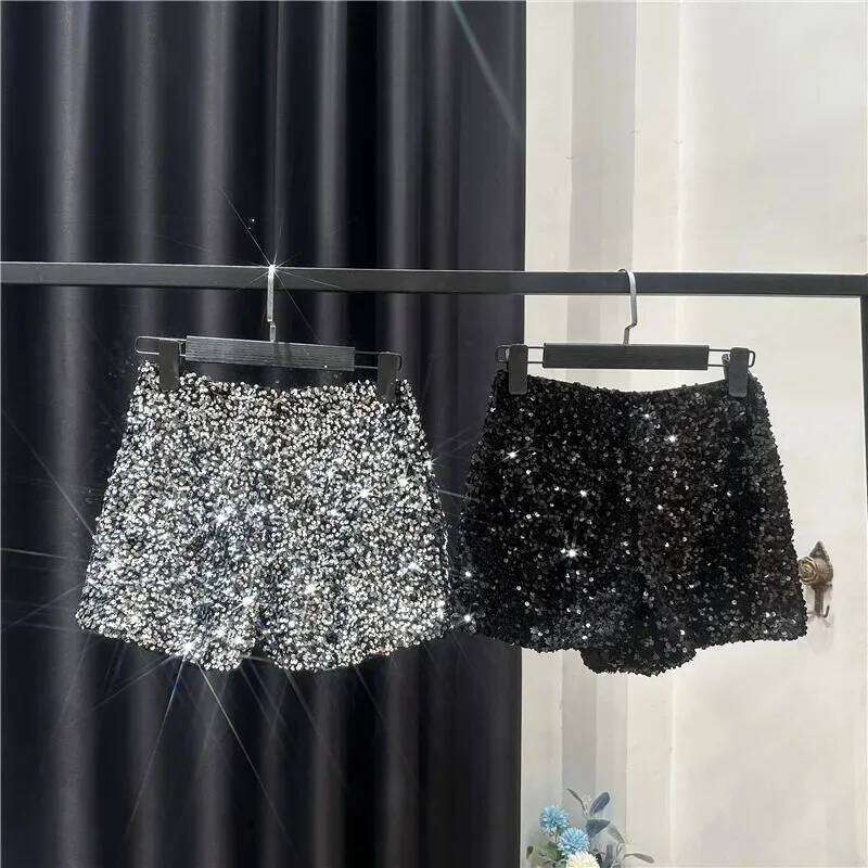 New Autumn Black Velvet Women Sequined Shiny Versatile Short Clubwear Shorts Hot Pants High Street C260206