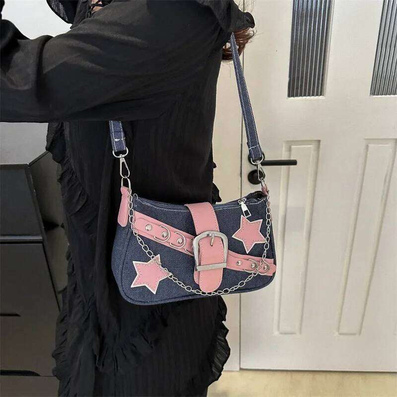 Y2k Cool Hot Girls Denim Shoulder Bags Vintage Rivet Star Women's Chain Underarm Bag Contrasting Color Female Portable Handbag Y260205