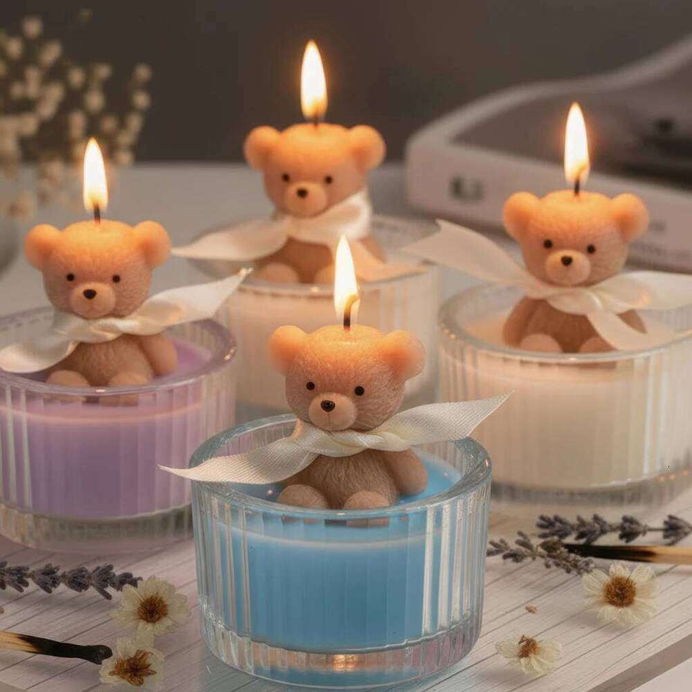 Scented Luxury Teddy Bear Soy Candle in Glass Jar with Ribbon, Creamy Pastel Gifts for Women, Bridal Shower & Holiday Favors S260205