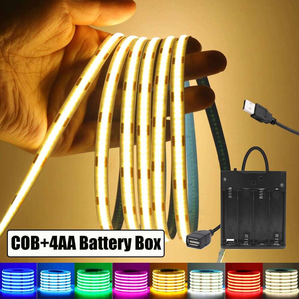 DC 5V USB COB Strip With 4AA Battery Box White/Red/Ice Blue/Pink/Yellow 320Leds/M 0.5M-5M TV Backlight Ribbon Rope LED Light Z260206