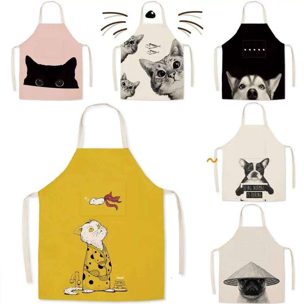 Cute dog and cat pattern kitchen cooking baking linen bib housework cleaning anti-oil stain sleeveless apron 68x55cm S260205