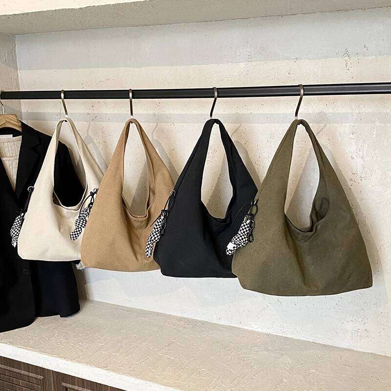 High Quality Big Tote Bags For Women Canvas Fabric Solid Color Large Capacity Underarm Shopper Shoulder Hobo Bag With Pendant Y260205