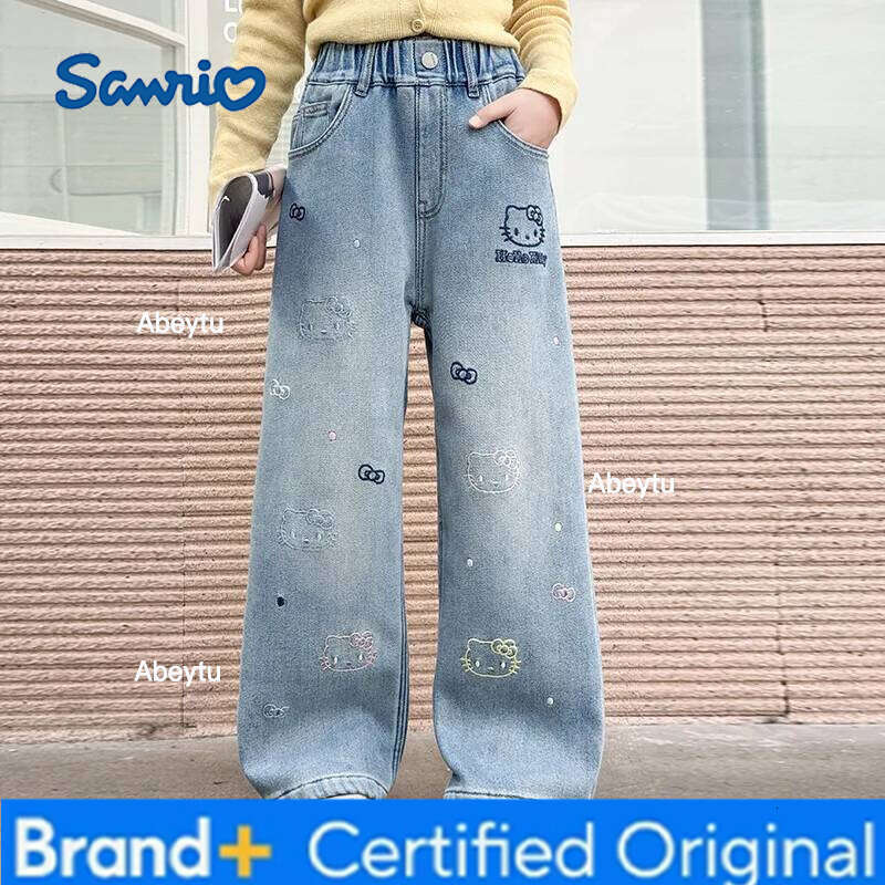 Sanrio Hello Kittys Girls Jeans Kawaii Cartoon Autumn Winter New Leisure Plus Velvet Thicken Wide Leg Pants Trousers H260206
