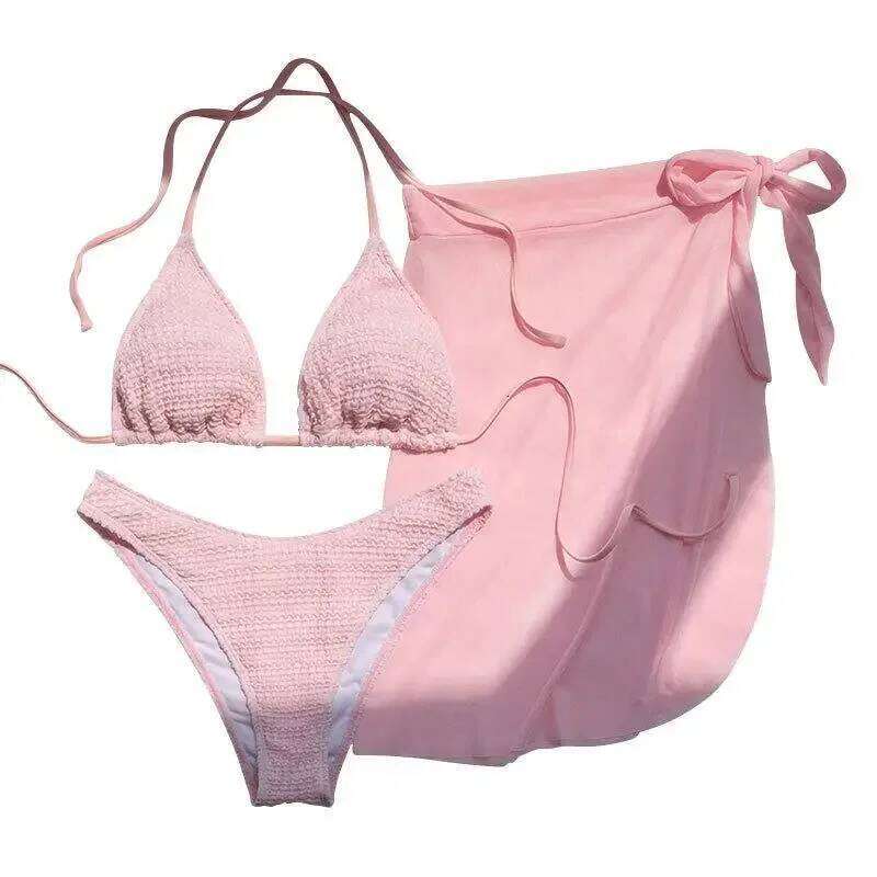 Pink Solid Color 3-piece Swimsuit Women 2023 Skirt Bikini V-neck Halter Backless Bathing Suit Summer Beach Swimwear Z260206