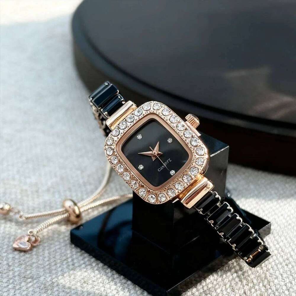 1pc-Ladies' Flexible Bracelet with Diamond Square Alloy Case, Rhinestone Scale, Simple Dial Quartz Watch Z260206