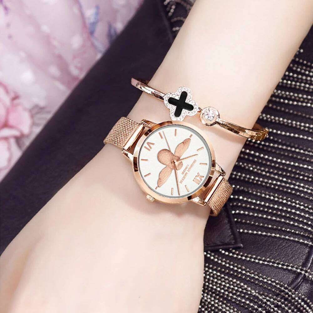 Hannah Martin Women Quartz Watch Fashion Stainless Steel Mesh Belt 3D Stereoscopic Bee Green Rose Gold Japanese Movement Watches Z260206