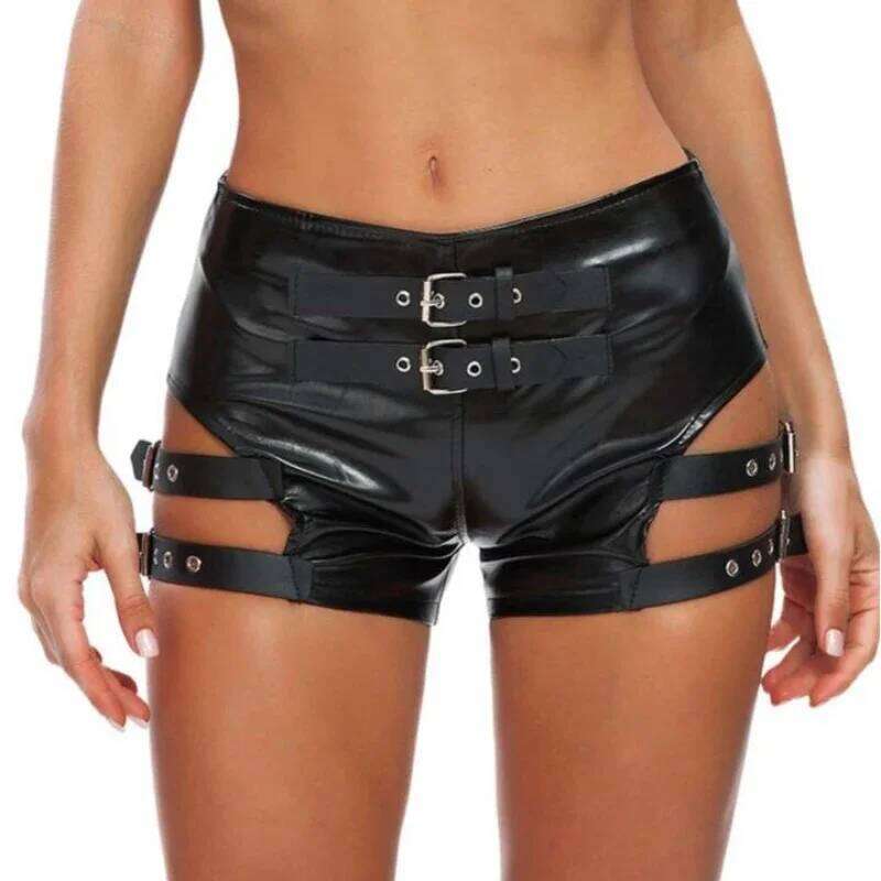 Tight Women Fashion Leather Elastic Hollow Out Shorts Sexy Club Nightclub Mini Trousers Streetwear Y2K 2025 Summer New C260206