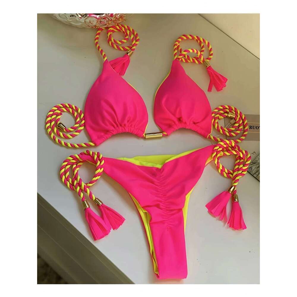 2025 Sexy Solid color Two-piece Triangle Swimwear Women Swimsuit Braiding rope Bikinis Set Beach Bathing Suit Brazilian Biquinis Z260206