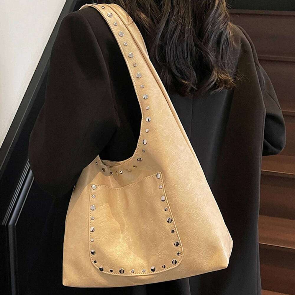 Women PU Leather Rivet Underarm Solid Color Metal Stud Handbag Large Capacity Stylish Armpit Date Party Bag Y260205