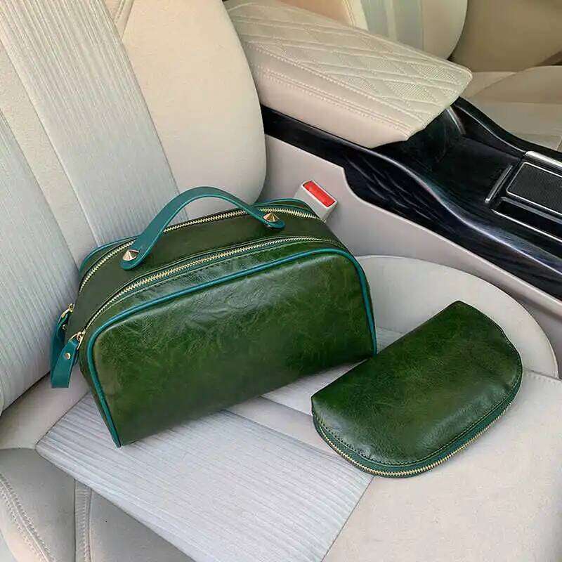 PU Leather New Retro Double Zipper Portable Premium Sense Capacity Toilet and Carry Large Makeup Storage Bag Y260206