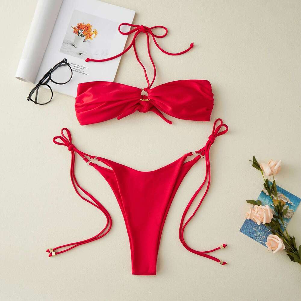 2025 Women's Patchwork Summer Bikini Set Solid Color Metal Ring Strapless Bra with Tie-up Low Waist Shorts 2 Pcs Swimsuit Z260206