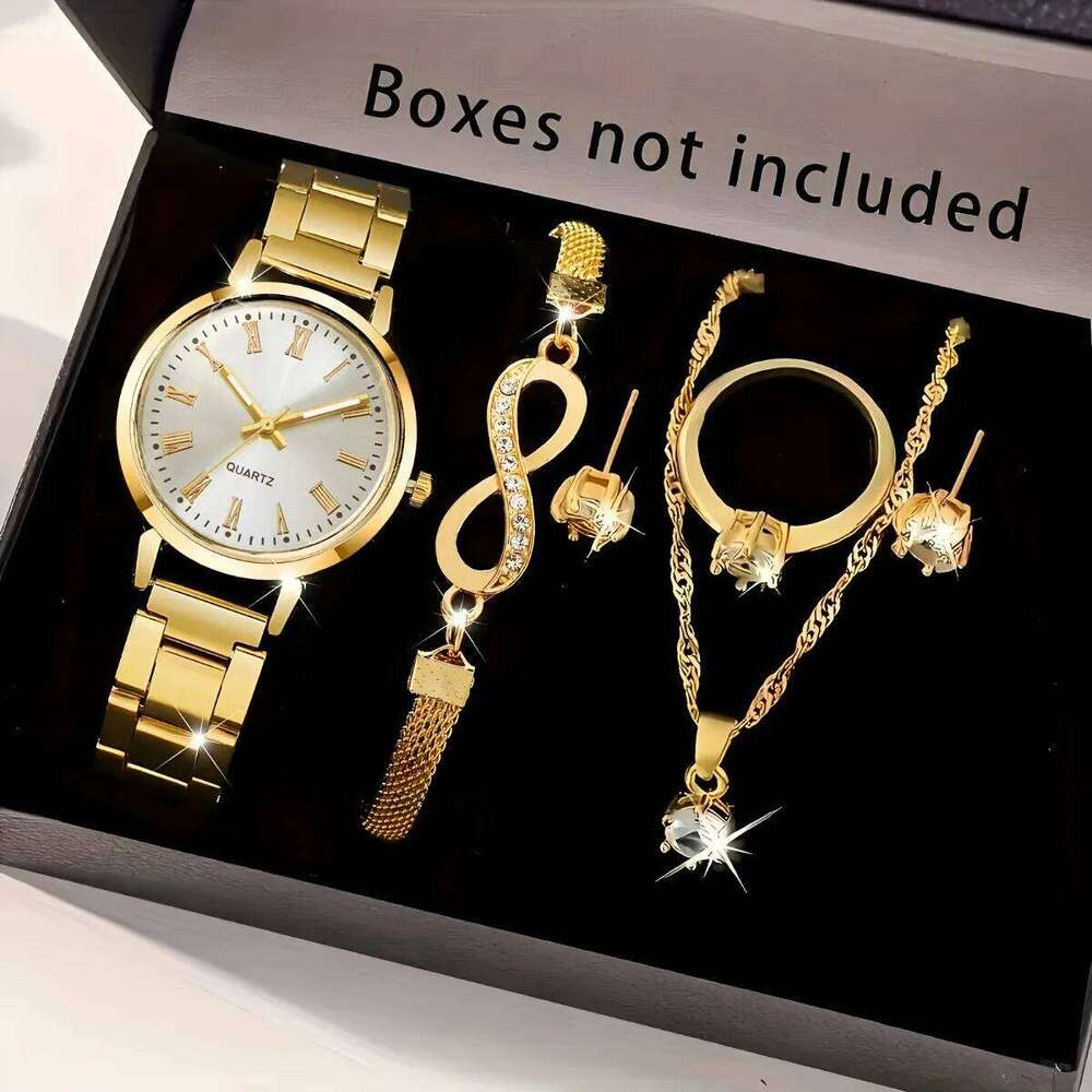 6pcs/set Elegant Women Quartz Watch Fashion Simple Dial Ladies Wristwatch Rhinestone Jewelry Set Reloj MujerWithout Box Z260206