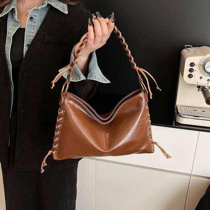 Women PU Retro Shoulder Bag Daily Woven Strap Underarm Pouch Travel Large Capacity Top-Handle Bags Luxury Designer Handbags Y260205