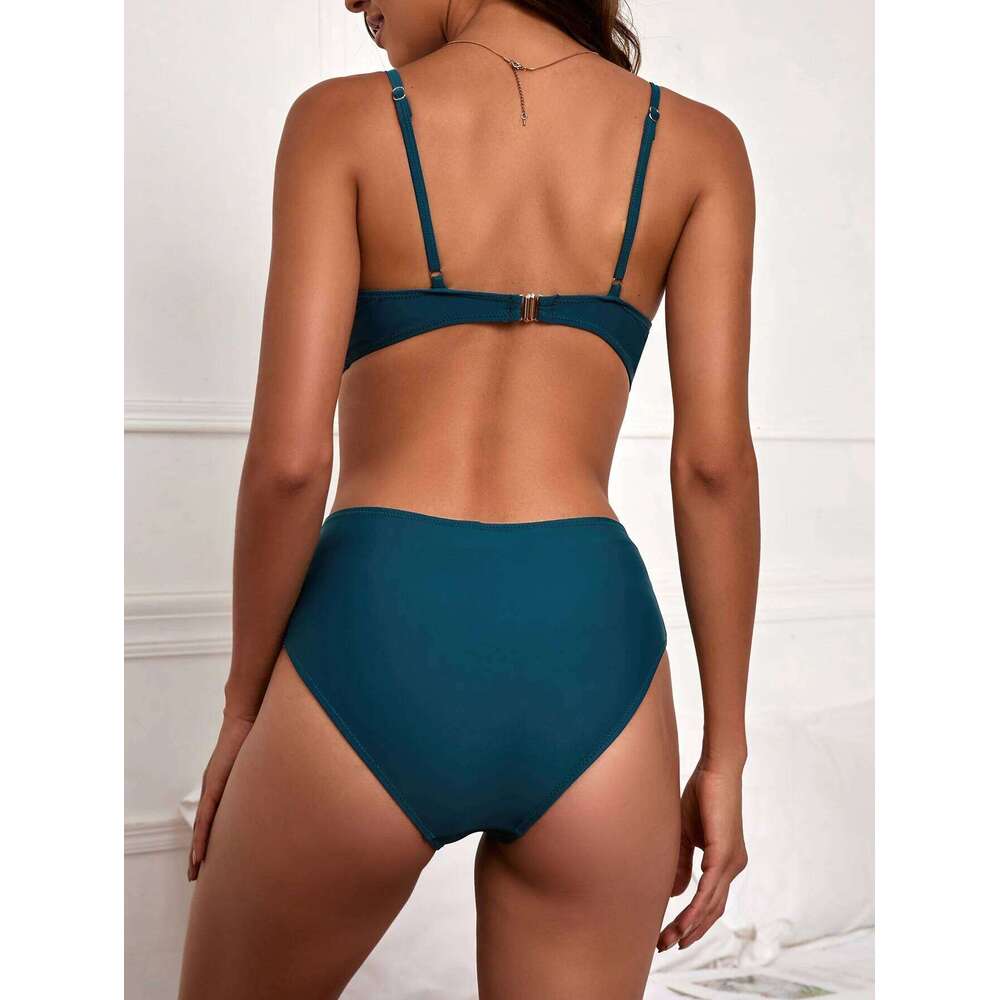women's sexy solid color swimsuit deep V neck swimwear female monokini high waist bikini two piece bathing suit set Z260206