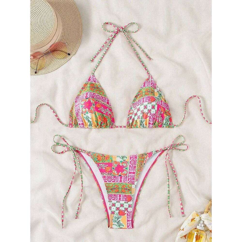 Swimsuit 2025 Female Micro Women Swimwear Summer Beachwear Women's Bathing Suit Floral Print Neck Halter Thong Bikini Set Z260206