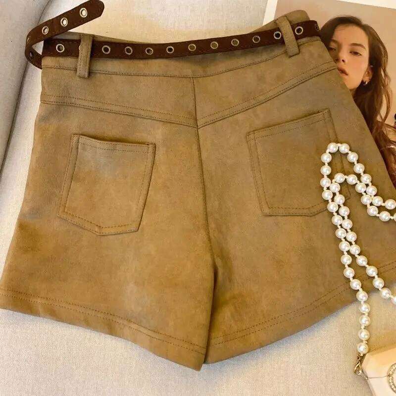 Deerskin Personalized Shorts for Women Autumn Style High-waisted Wide-leg with Hip-covering Pants Waist Bag XJ260206