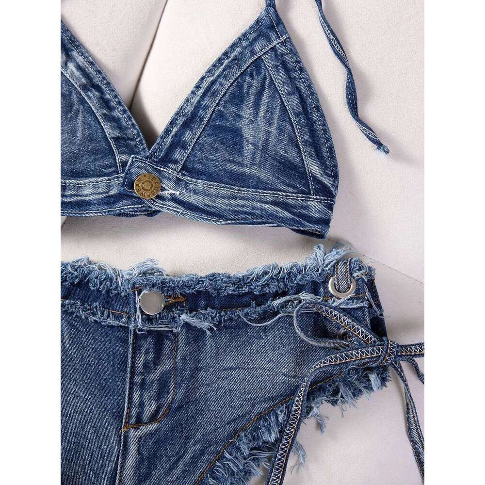 DEKA Brazilian Denim Bathing Suit Women Suits Bikini Set Lace Up Drawstring Beachwear Solid Summer Vintage Two-pieces Swimwear XJ260206