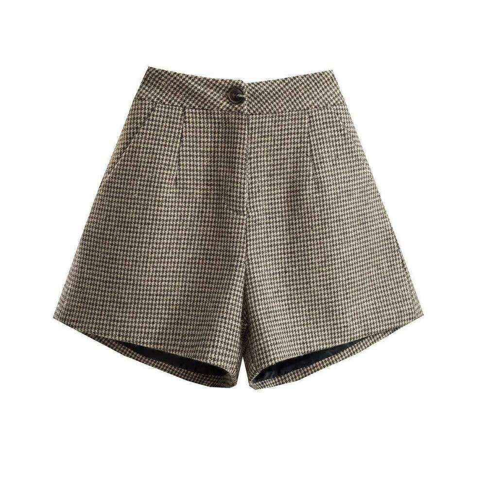 High Waist A- Line Wide Leg Plaid Woolen Short Pants Women's Autumn Winter New Style Slimming Bootcut Trousers Casual Harajuku.. XJ260206