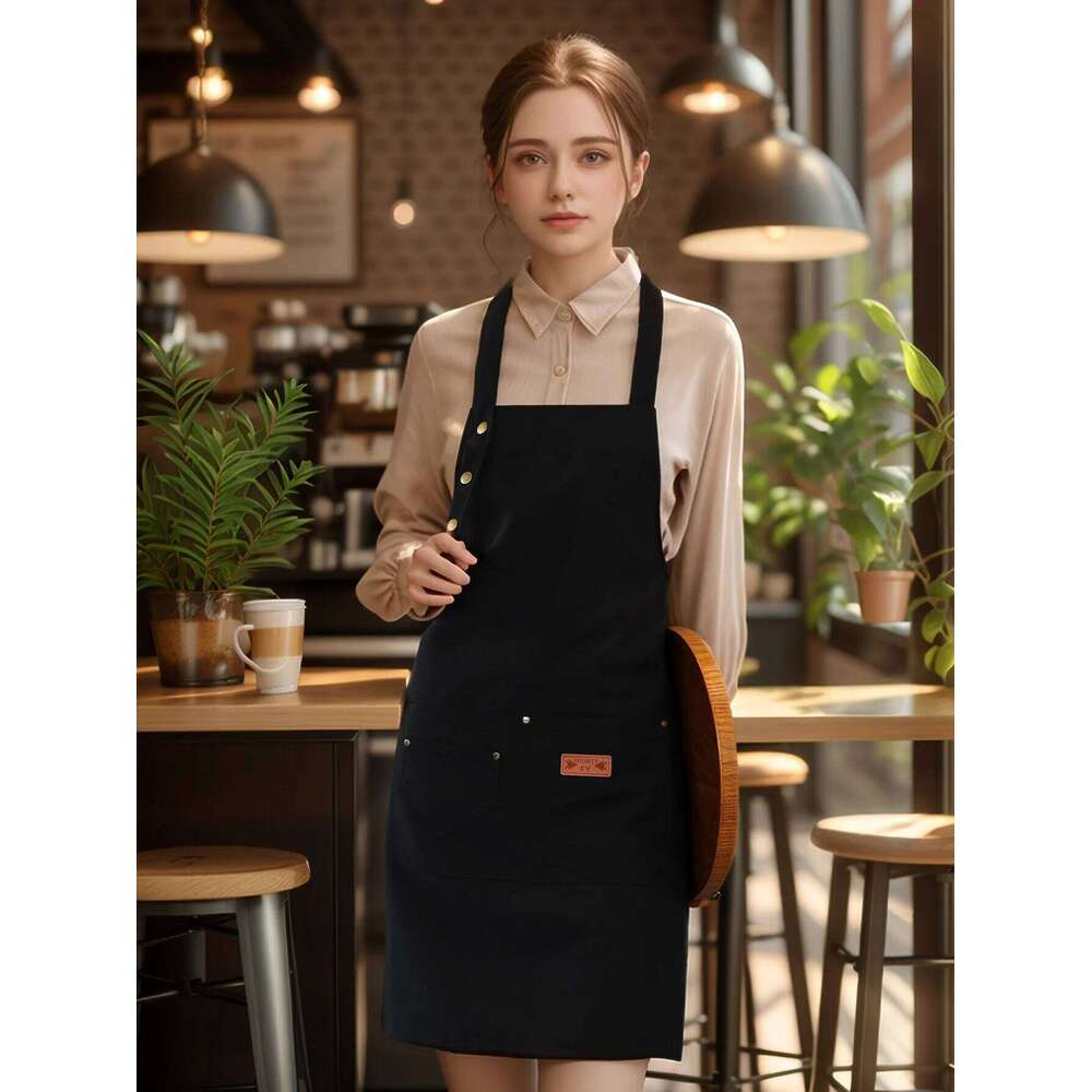 Restaurant caf cooking; kitchen canvas apron for ladies with 3 adjustable shoulder straps and large pockets; chef's b S260205