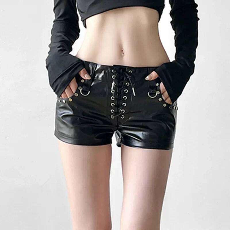 American Street Women Sexy Rivet Low Waist Hip Wrap Skinny Leather Lace Up Booty Shorts C260206