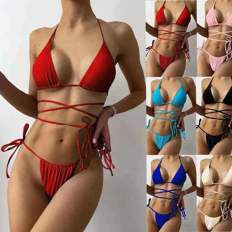 Summer Set 2022 Sexy Bikini Multicolor Thong Swimwear Women Bandage Solid Swimsuit Micro Beachwear Z260206