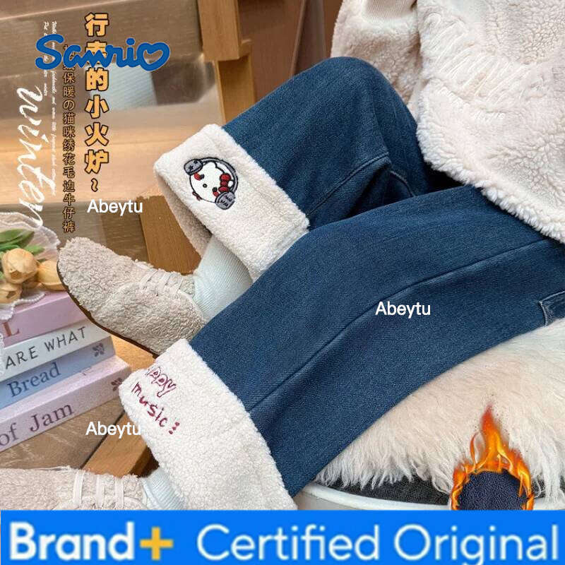 Sanrio Girls Jeans Velvet Autumn Winter New Leisure Trousers Loose Keep Warm Kawaii Cartoon Anime Thicken Straight Pants H260206