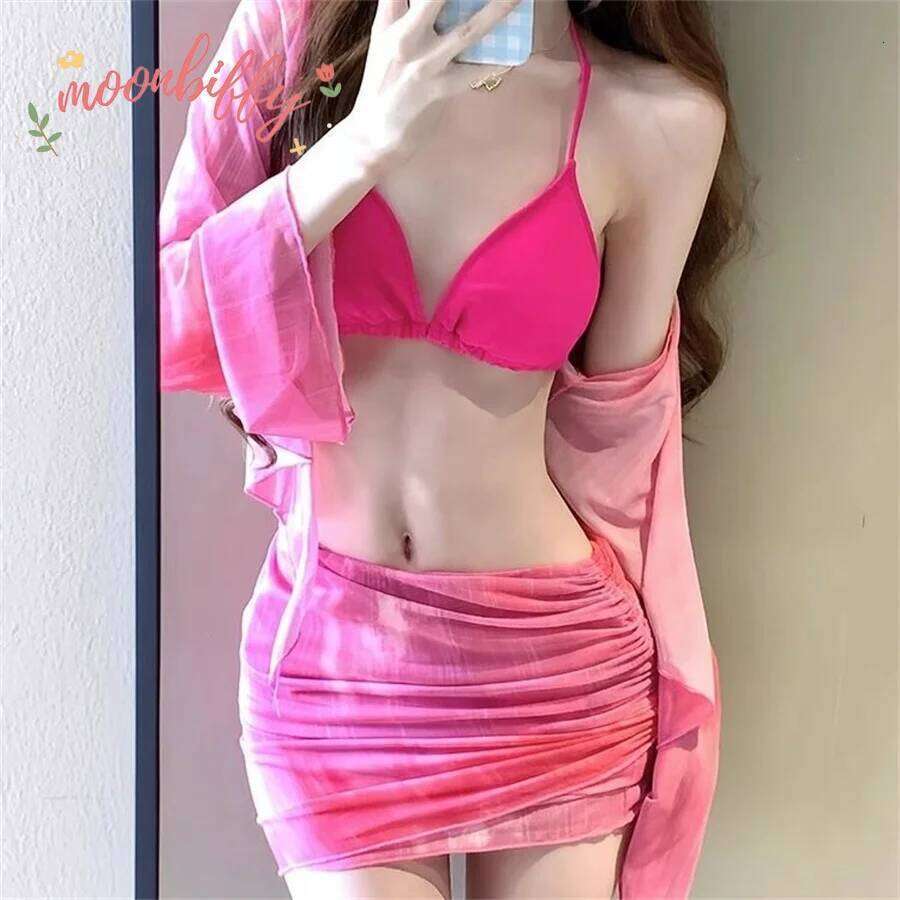 Korean 4 Piece Bikini Set Women Blue Tie Dye Mesh Long Sleeve Cover Up with Pleate Skirt Swimsuit Beach Bathing Suit Swimwear Z260206