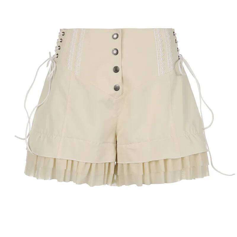 Solid Color Breasted Strap Casual Shorts 2023 New Fashion Girly Ruffle Fitting Waist Wide-leg Pants Summer XJ260206