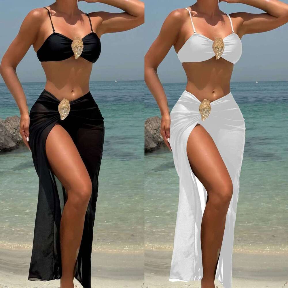 2025 new style with solid color metal three-piece split swimsuit bikini set XJ260206
