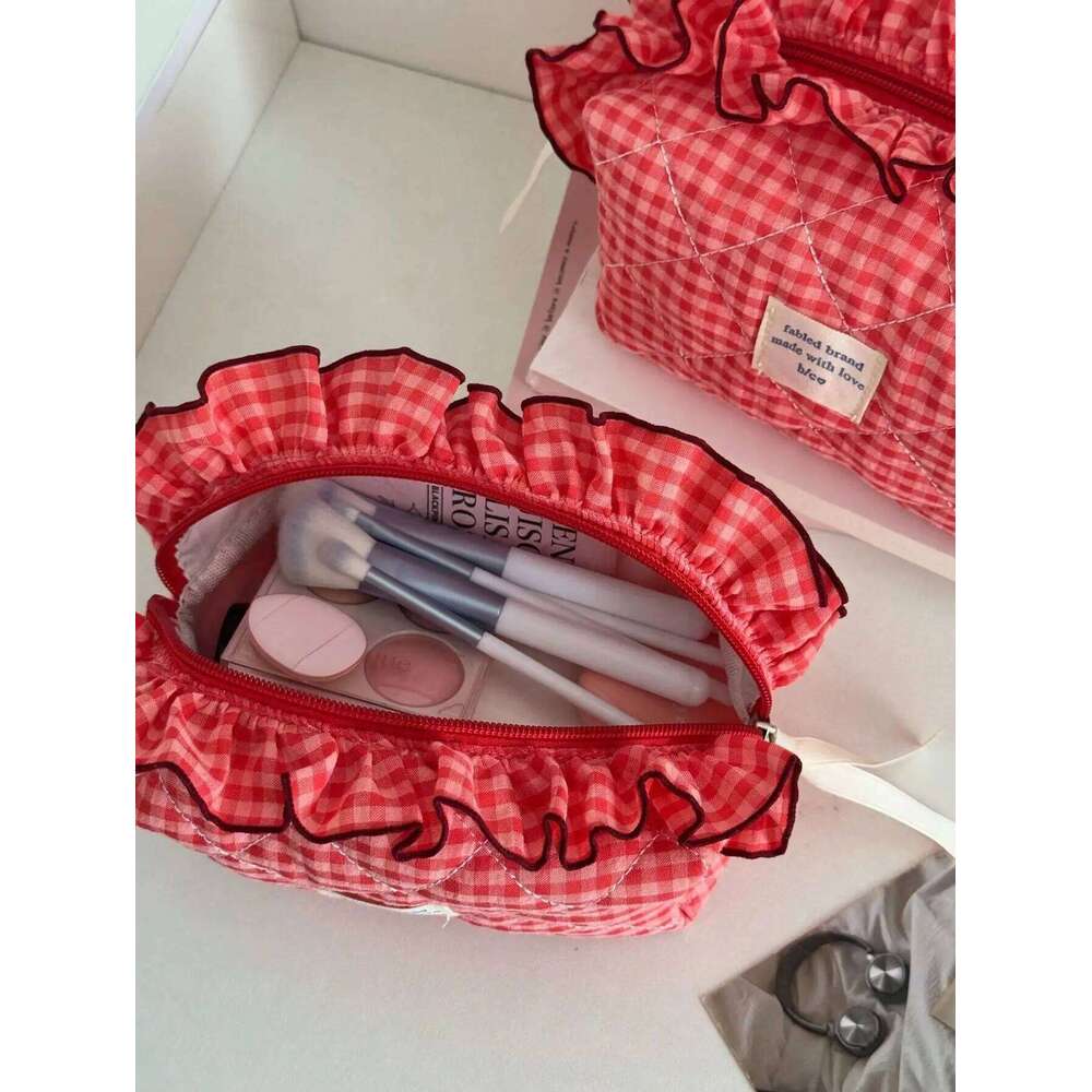 1pc/set Lace Plaid Quilted Multifunctional Portable Travel Storage Bag, Cute Ruffle Makeup Bag Y260206
