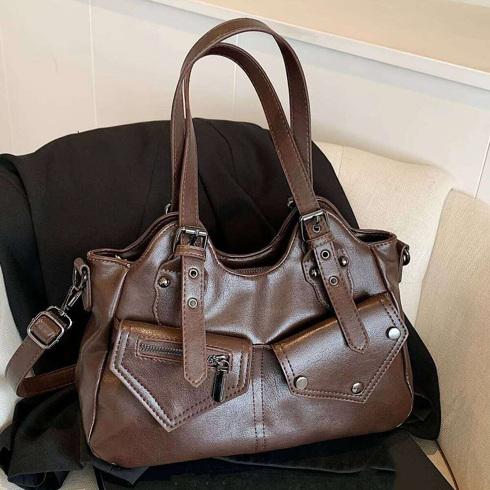 Retro simple solid color fashion trend large capacity tote niche design personality zipper decoration shoulder bag, Y260205